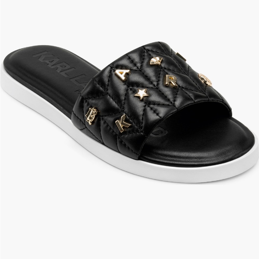 Karl Lagerfeld Quilted Black Slide Sandal with Gold Studs